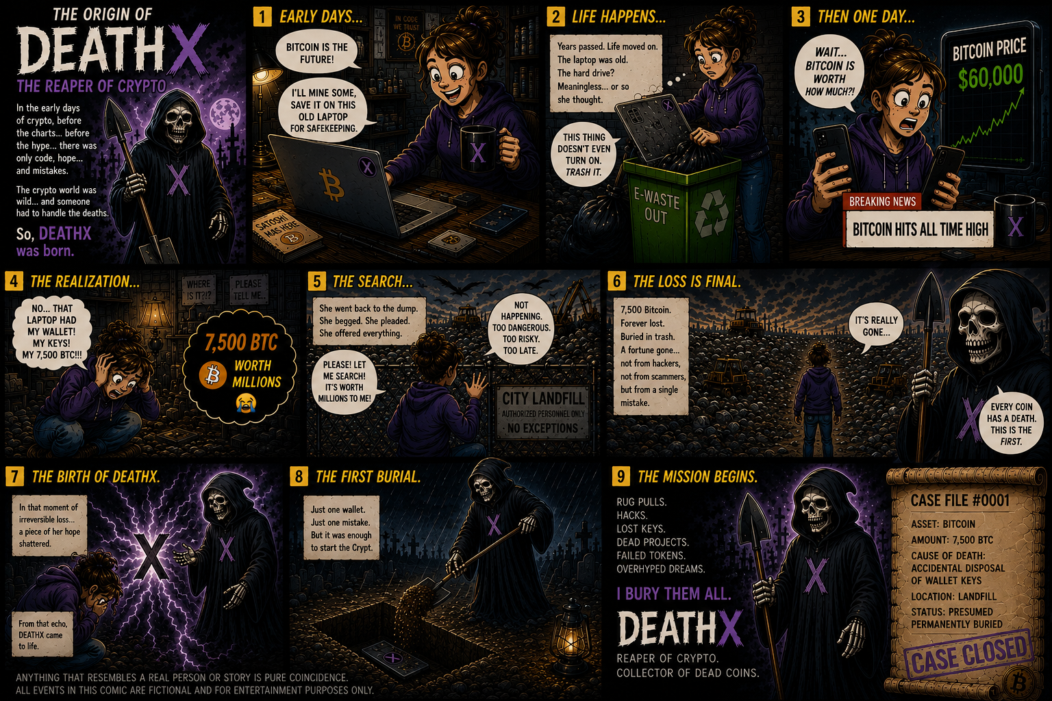 The Origin of DeathX — a nine-panel comic telling the story of 7,500 BTC lost in a landfill and the birth of the Reaper of Crypto.
